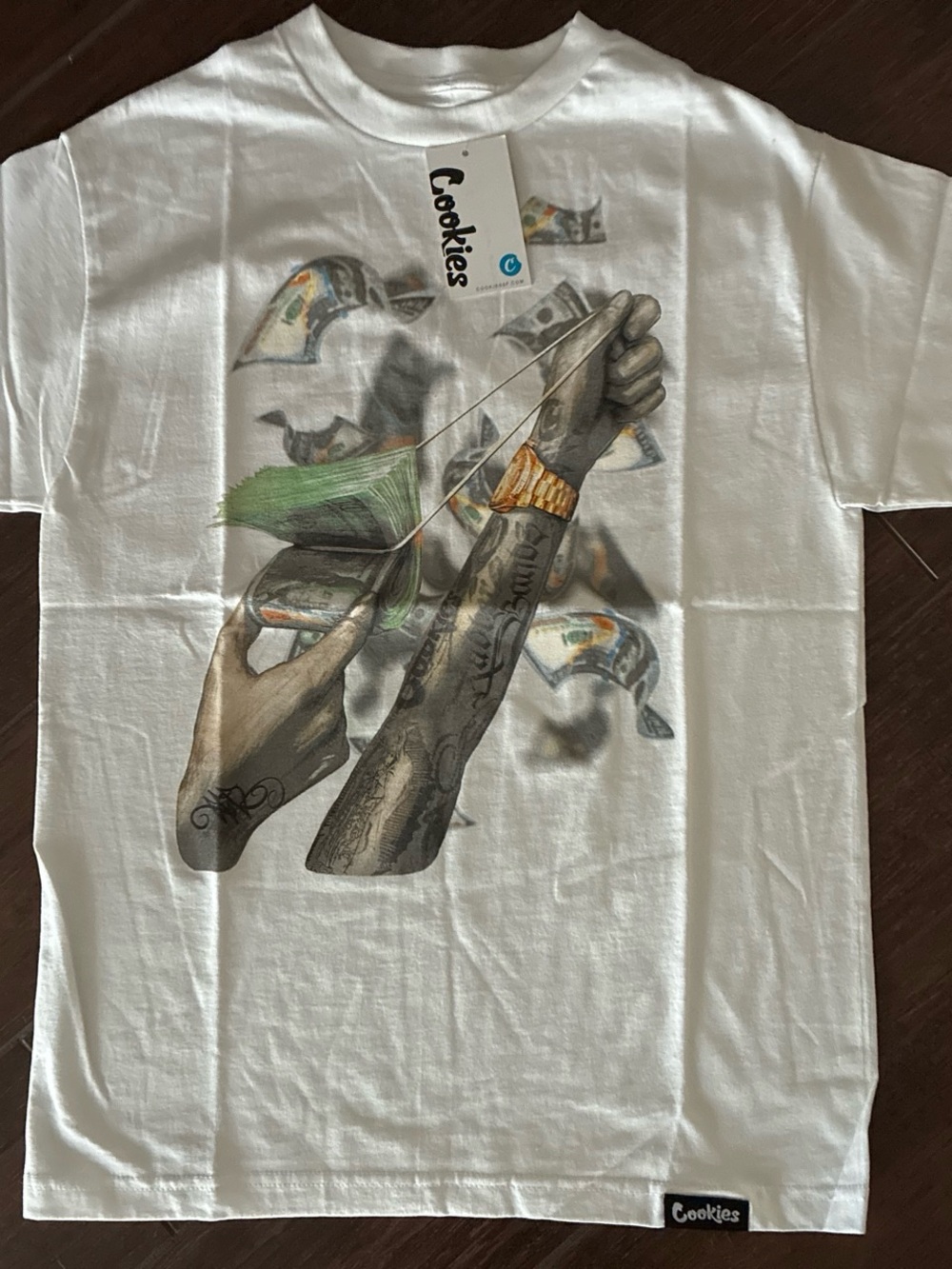 NWT Cookies White Graphic Tee with Money & Tattoo Sleeve Design